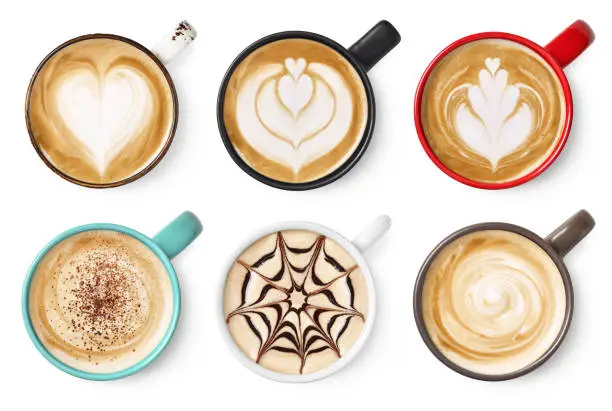 Photo of Set of coffee latte or cappuccino foam art