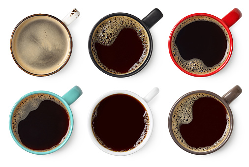 Set of various colorful cups of black coffee
