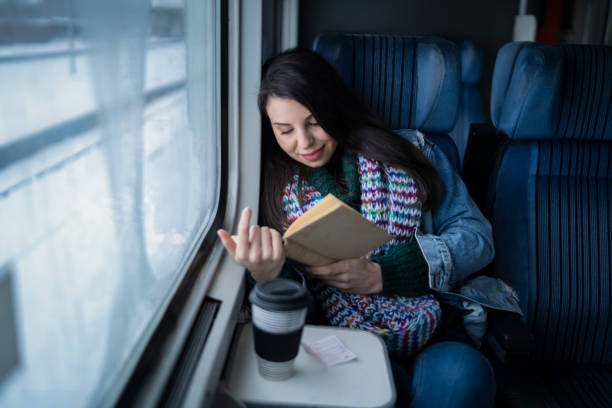 istock Young woman traveling by train 1169134282