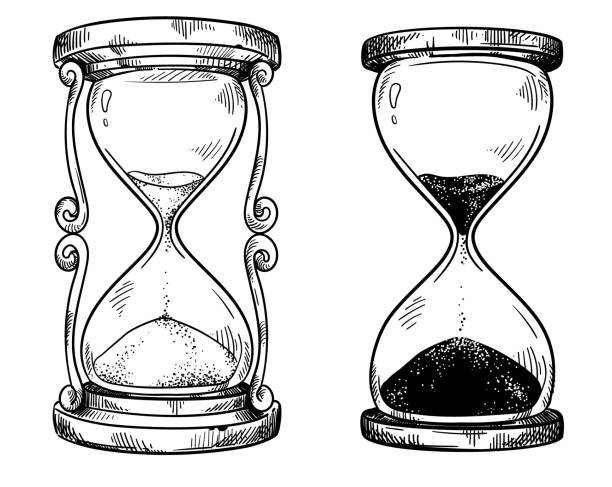 набор из 2 старинных песочных песочных часов векторный рисунок - hourglass stock illustrations