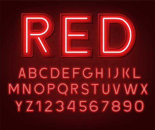 neon świecący na czerwono litery i cyfry 3d. - red text stock illustrations