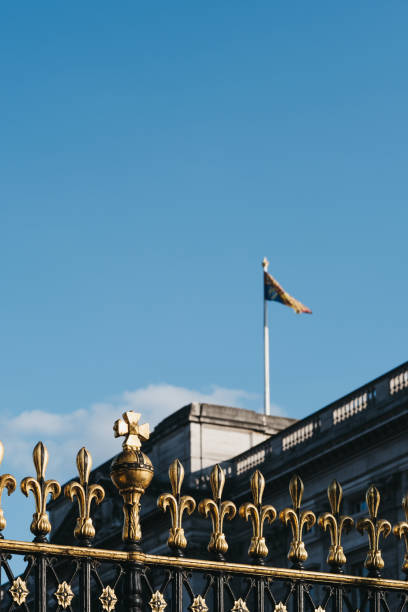 英国ロンドンのバッキンガム宮殿に主権者が存在することを示すロイヤルスタンダード。 - castle famous place low angle view england ストックフォトと画像