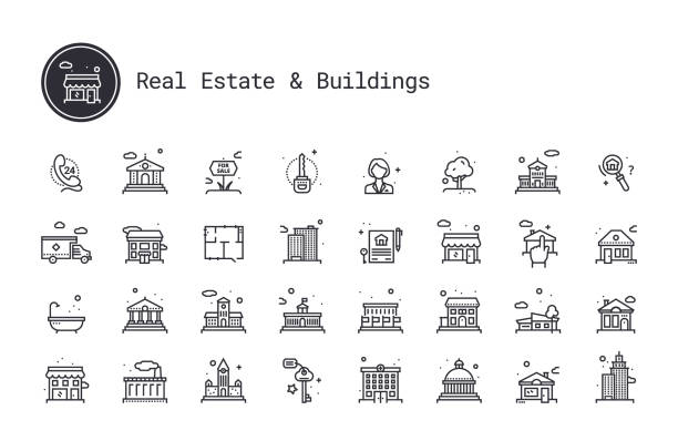 Real estate business, commercial and residential building linear icons set. Vector illustration clipart collection isolated on white background. Real estate business and building exterior thin line icons. Public, commercial property, government realty, historical building, personal houses. Vector pictograms for map, web interface, mobile app. historic building stock illustrations