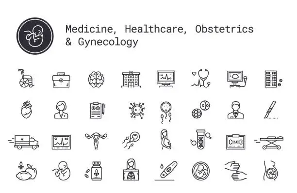 Vector illustration of Medicine, medical services, pregnancy, obstetrics, gynecology linear icons set. Vector illustration clipart collection isolated on white background.