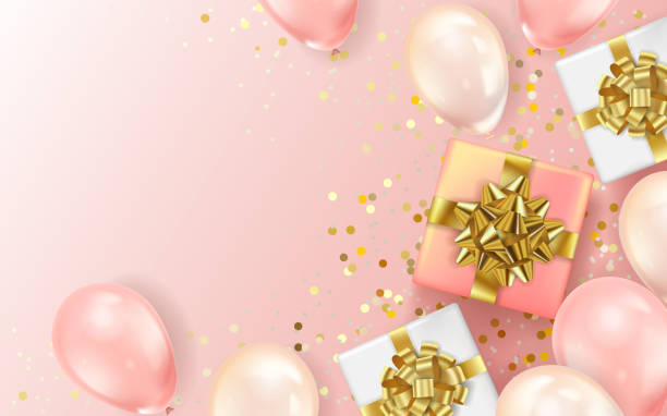istock Holiday background with  gift boxes and balloons, golden confetti. 1169137410