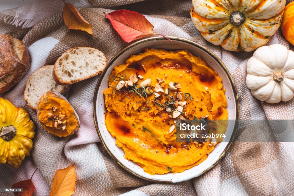 Spicy Houmous from Courge Butternut, Vegetarian Dish Spicy Hummus from Butternut Squash, Vegetarian Dish Hummus - Food Stock Photo