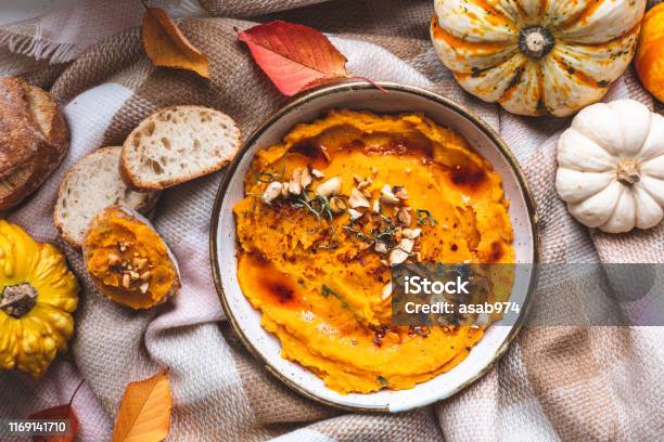 Spicy Houmous From Courge Butternut Vegetarian Dish Stock Photo - Download Image Now