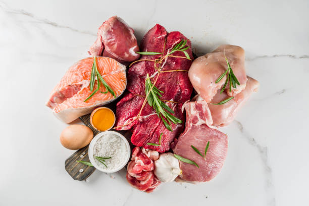 Carnivore protein diet background Carnivore diet background. Non vegan protein sources, Different meat food - chicken breast, pork steak, beef tenderloin, eggs, spices for cooking. White marble background copy space carnivorous photos stock pictures, royalty-free photos & images