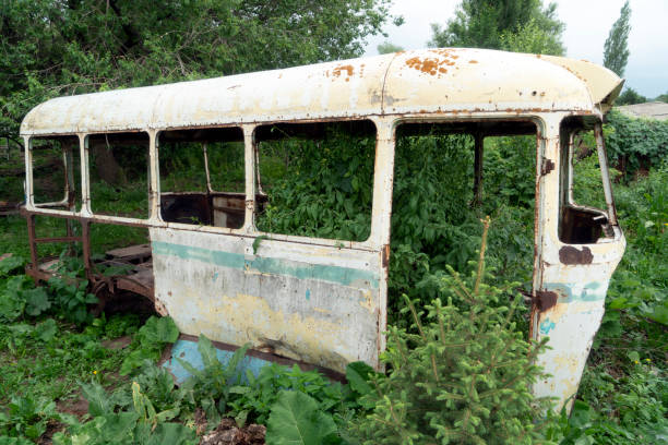 istock Rusty Skeleton Of Old Bus In Nature 1169143004