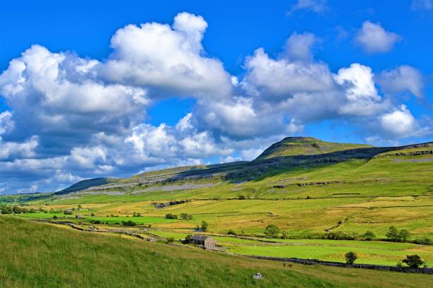Ingleborough view in Ingleton, Camford, Yorkshire Dales, England Ingleton is a beautiful village in the Yorkshire Dales, famed for its views of Ingleborough and the three peaks. ingleborough stock pictures, royalty-free photos & images