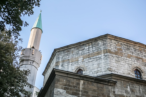 Belgrade, Serbia - August 12, 2019 - Ottoman style mosque which is only remaining mosque in Belgade where is the capital of primarily Eastern Orthodox Serbia. Mosque was built around 1575 when the city was under the control of Turkish Ottoman Empire. It is located in Gospodar Jevremova Street in the neighbourhood of Dorćol.