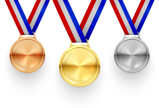 Gold, silver and bronze medals on ribbons realistic illustrations set Gold, silver and bronze medals on ribbons realistic illustrations set. Sports competition first, second and third place awards isolated cliparts pack. Championship reward. Contest achievement, victory gold metal clipart stock illustrations