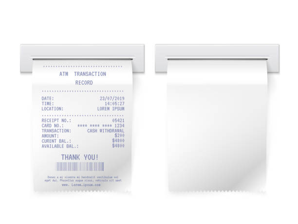 ATM bill in slot vector realistic illustrations set ATM bill in slot vector realistic illustrations set. Blank printed cash receipt mockup 3D isolated cliparts pack. Automated teller machine money withdrawal and transaction paper check design elements bank financial building clipart stock illustrations