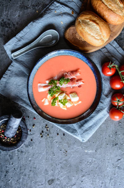 istock Salmorejo, cold tomato soup with Serrano ham and eggs, served with pastry 1169145988