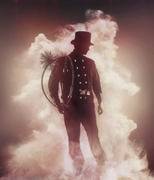 chimney sweeper in traditional clothing standing in the fog - chimney sweeping imagens e fotografias de stock