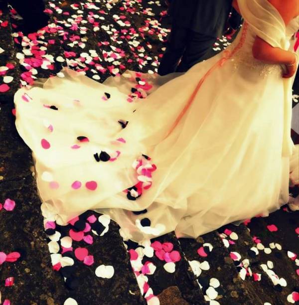 Wedding dress and colorful confetti