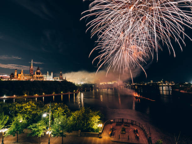 istock Canadian Parliament on Ottawa River with fireworks 1169148381