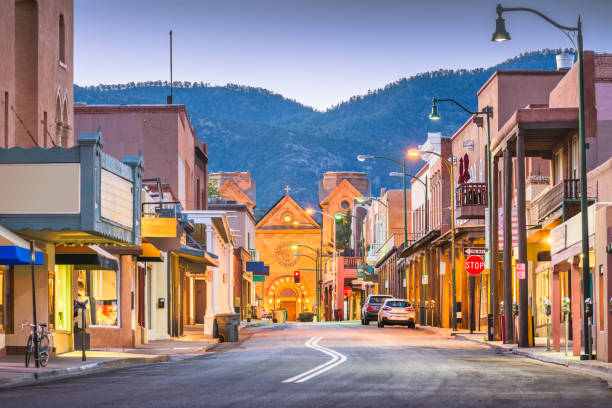Santa Fe, New Mexico, USA Santa Fe, New Mexico, USA downtown cityscape and street at twilight. new mexico stock pictures, royalty-free photos & images