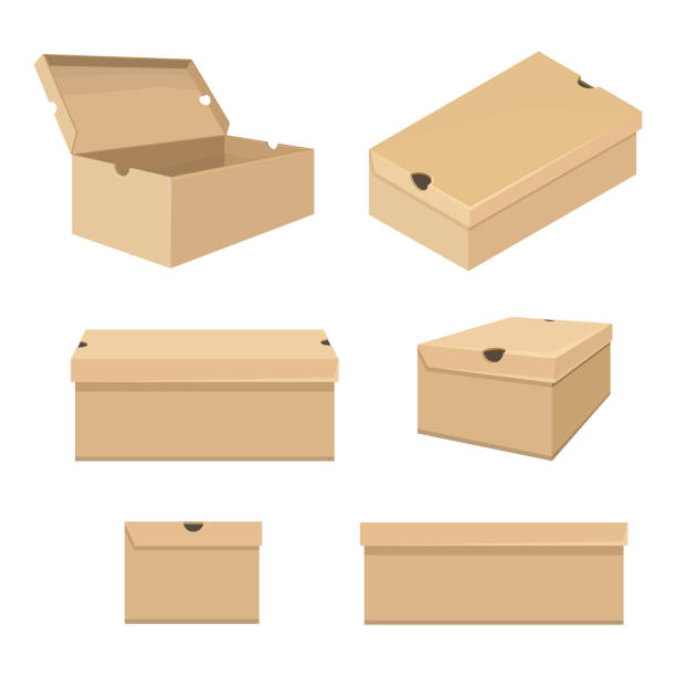 ilustraciones, imágenes clip art, dibujos animados e iconos de stock de conjunto vectorial de la ilustración de cajas de zapatos. variaciones de diferentes vistas - shoe box