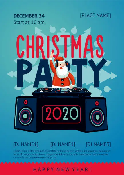 Vector illustration of Xmas party poster with santa claus dj. New year event invitation. Vector banner template.