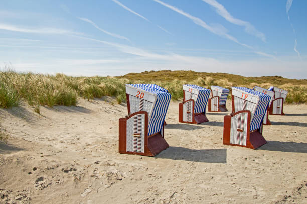 Norderney Beach Dunes View of beach chairs in the dunes of Noederney, island in East Frisia. lower saxony photos stock pictures, royalty-free photos & images