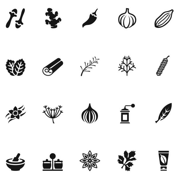 illustrazioni stock, clip art, cartoni animati e icone di tendenza di set di icone erbe e spezie - cinnamon stick spice food