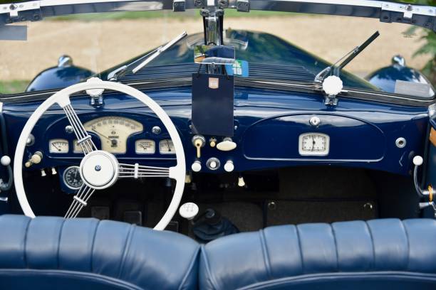 Steering Wheel and Dashboard Interior of Vintage Car