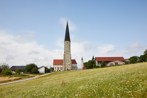 Church, church tower, St. Ägidius, Schildthurn, municipality Zeilarn near Tann, district Pfarrkirchen, Lower Bavaria, Bavaria, Germany, landscape.