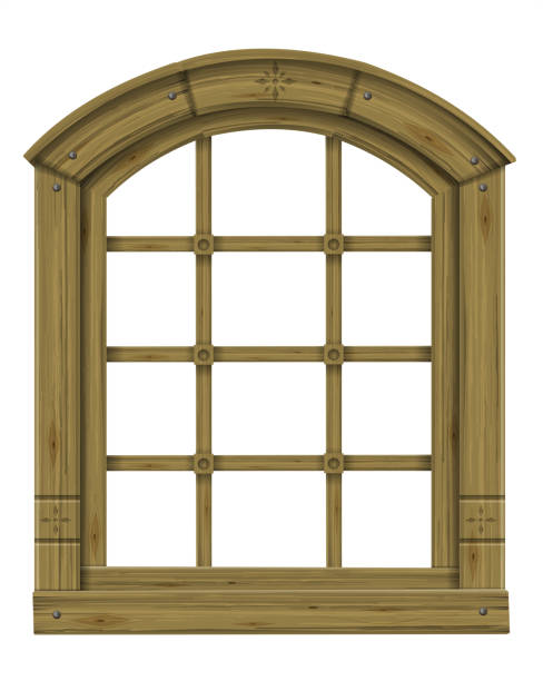 античная деревянная арочная оконная фантазия скандинавской готики - glass art stained window stock illustrations
