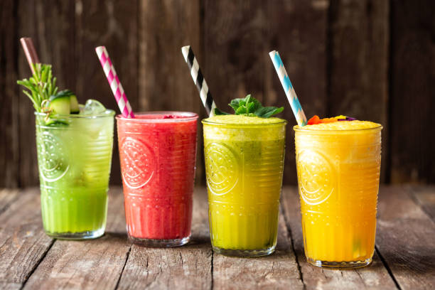 istock Various delicious and tasty smoothies aligned in order on the table 1169164183