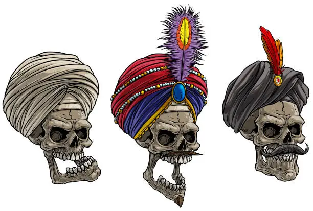 Vector illustration of Cartoon indian skulls in traditional turban
