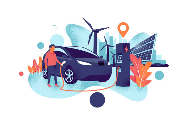 Man Charging an Electric Car with Solar Panels and Wind Power Station and City Skyline Grain Style Electric car charging at charger station with a young man. Renewable power generation with wind turbines and solar panels and city skyline. Isolated vector illustration concept grainy shadow style. hybrid car stock illustrations