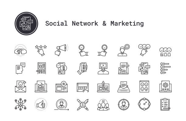 Social media, digital marketing, people community, survey, feedback, rating and review linear icons. Vector clip art collection isolated on white background. Survey, feedback, rating and review thin line icons. Social media marketing, people community, blogging symbols. Modern linear illustration concept for social networks, web and mobile app. Content making, social marketing, seo, checklist, quiz, emotional opinion, star review vector icons collection. social media marketing stock illustrations