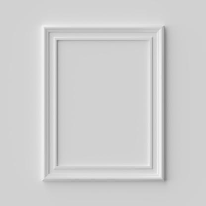 White blank vertical picture or photo frame on white wall with shadows, white colorless picture frame template, art frame mock-up 3D illustration