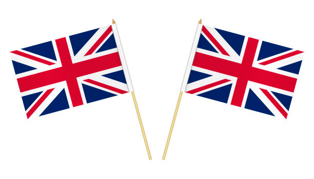 dwie małe flagi wielkiej brytanii odizolowane na białym tle, ilustracja wektorowa. flaga wielkiej brytanii na słupie - flag stick stock illustrations