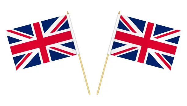 Vector illustration of Two small United Kingdom flags isolated on white background, vector illustration. Flag of Great Britain on pole