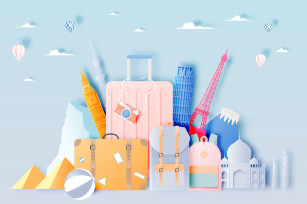istock Travel bag and luggage in paper art style 1169178690