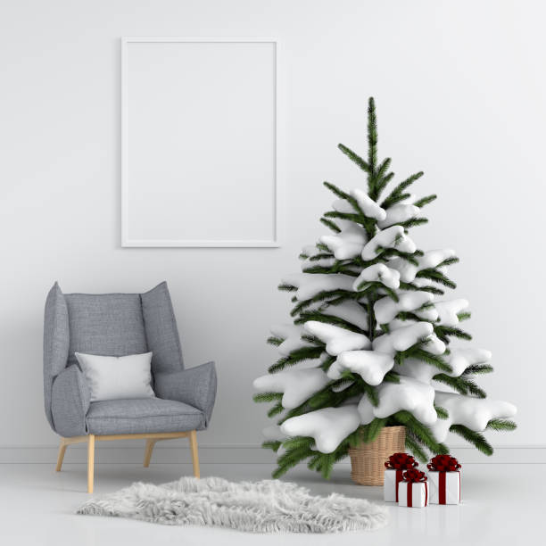 istock Blank photo frame for mockup and christmas tree, 3D rendering 1169179046