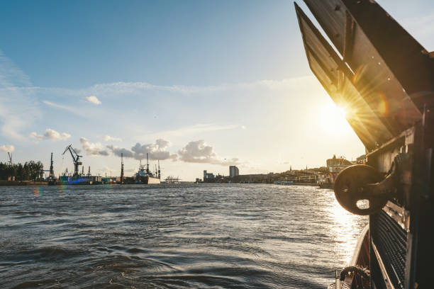 industrial port in Hamburg in the evening sun