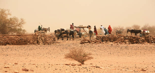 hombres y mujeres sudaneses que compran agua de un pozo profundo frente al sitio arqueológico abandonado de naqa, en el norte de sudán. - african descent african culture drum history fotografías e imágenes de stock