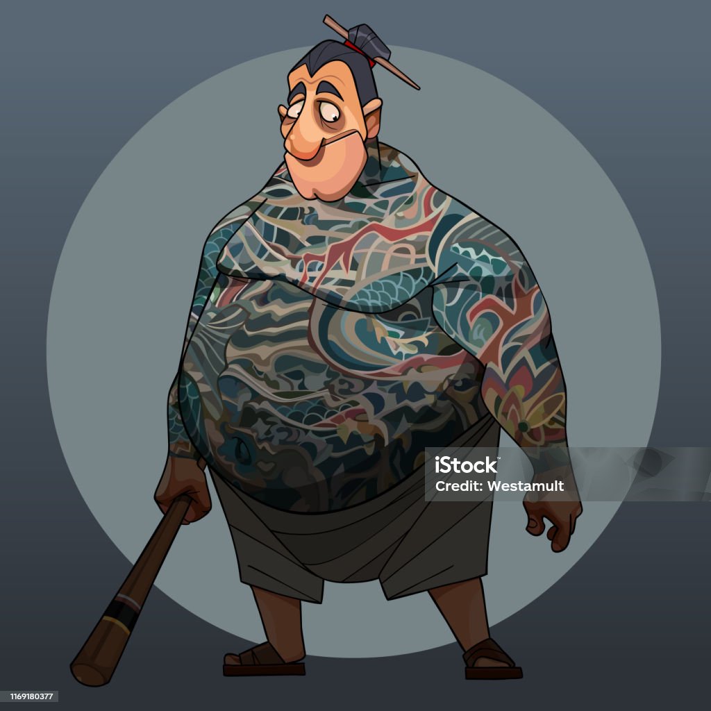 Cartoon Fat Man In Japanese Yakuza Style Stands With A Bat In His Hand  Stock Illustration - Download Image Now - iStock