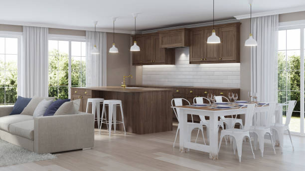 istock Modern home interior with wooden kitchen. 3D rendering. 1169181124