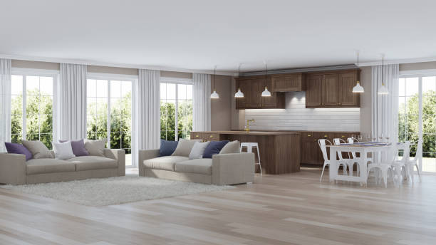 istock Modern home interior with wooden kitchen. 3D rendering. 1169181126