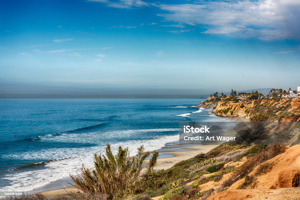 Southern California Beach Scenic Stretch of beach in the northern portion of coastal San Diego County in the city of Carlsbad. Beach Stock Photo