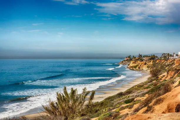 Stretch of beach in the northern portion of coastal San Diego County in the city of Carlsbad.