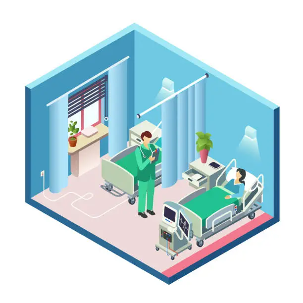 Vector illustration of Vector isometric hospital room, patient, doctor