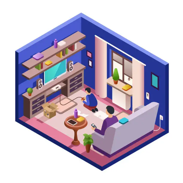 Vector illustration of Vector isometric living room interior with people