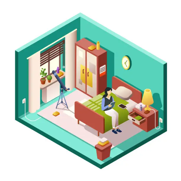 Vector illustration of Girl or woman bedroom vector illustration of isometric room cross section