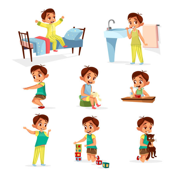 Vector cartoon boy daily routine activity set Vector cartoon boy daily routine activity set. Male character wake up, stretch, brushing teeth doing gymnastics, toilet, dressing up eat breakfast play cat, cube toys. Illustration kid life schedule going to bed cartoon stock illustrations