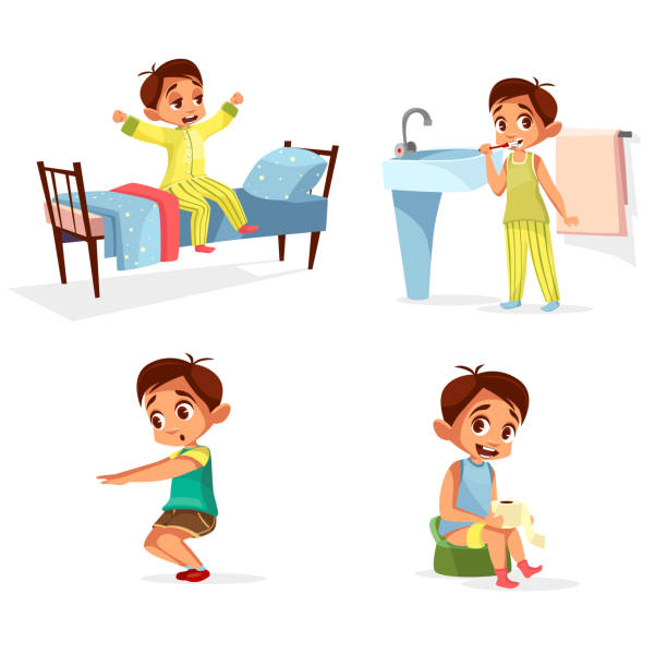 Vector cartoon boy daily morning routine activity Vector cartoon boy daily routine, morning activity set. Male character wake up, stretch, brushing teeth doing squat gymnastics, toilet hygiene. Illustration with kid life schedule, lifestyle squat toilet stock illustrations